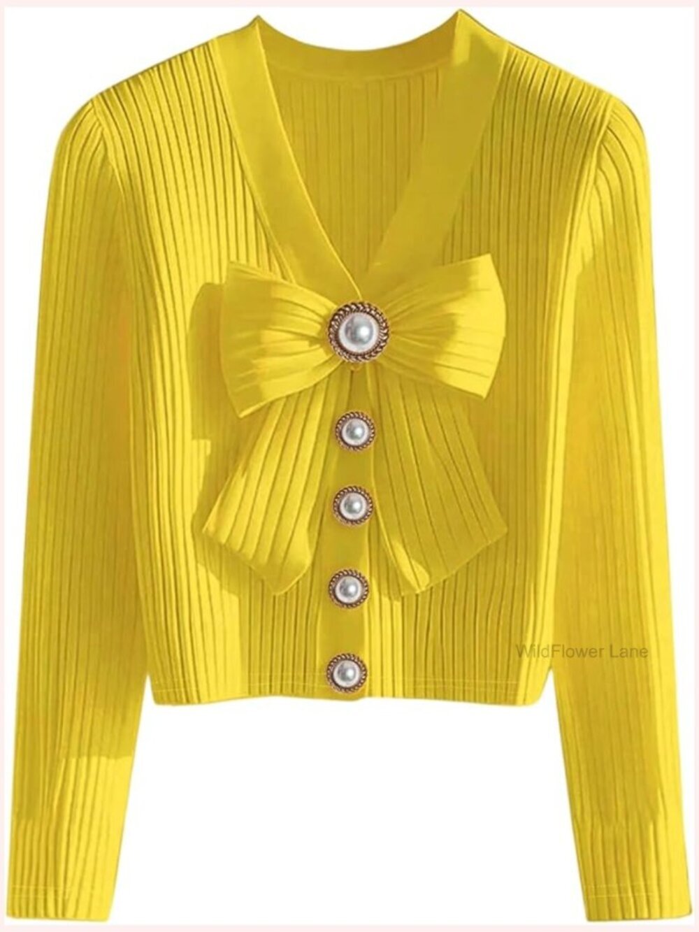 Bow Pearl Button V-Neck Long Sleeve Ribbed Tops Blouse
